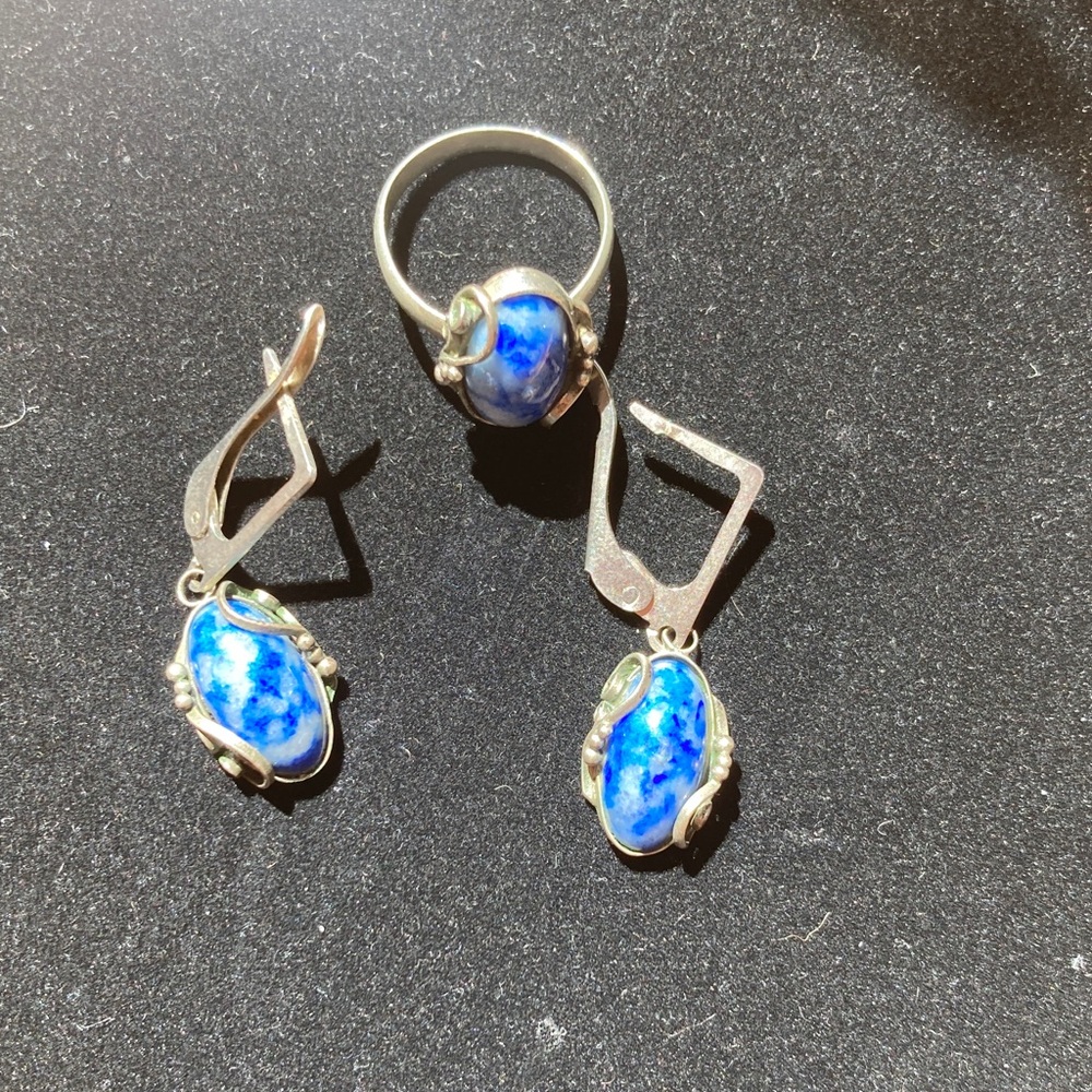 Sterling Lapis Stone Handmade Ring and Earrings Set